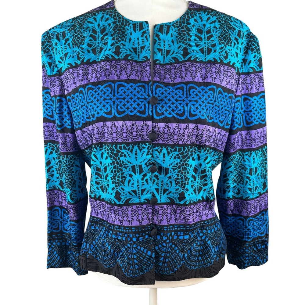 Vintage Adrianna Papell Size 12 100% Silk Black Blue Lace Print jacket